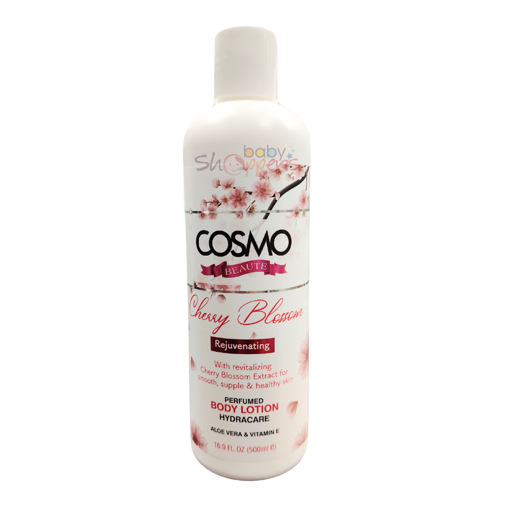 Cosmo-Cherry-Blossom-Perfumed-Body-Lotion-500ml Immerse your skin in the delicate elegance of Cosmo Cherry Blossom Perfumed Body Lotion 500ml, available at BabyShoppers.