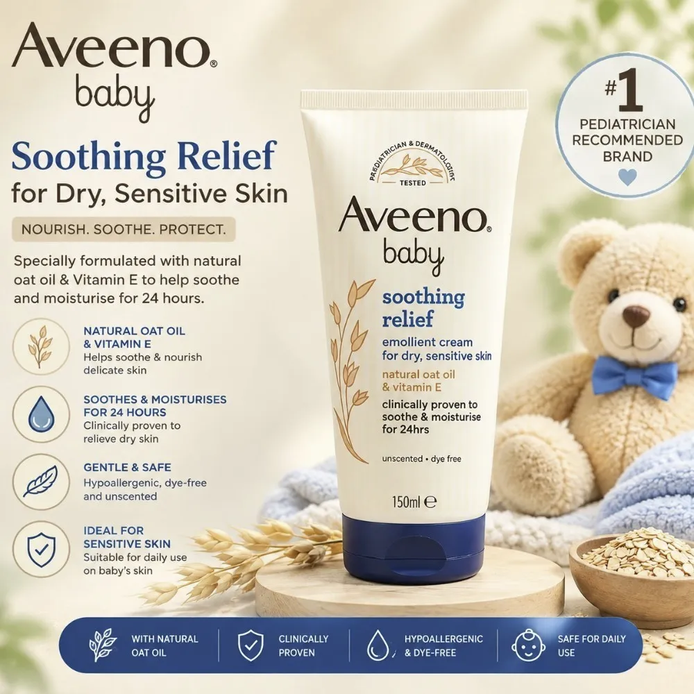 Aveeno Baby Smoothing Relief Emollient Cream 150ml (France) Aveeno Baby Care Combo – Baby Cream 150ml + Hair & Body Wash 250ml + Baby Lotion 150ml